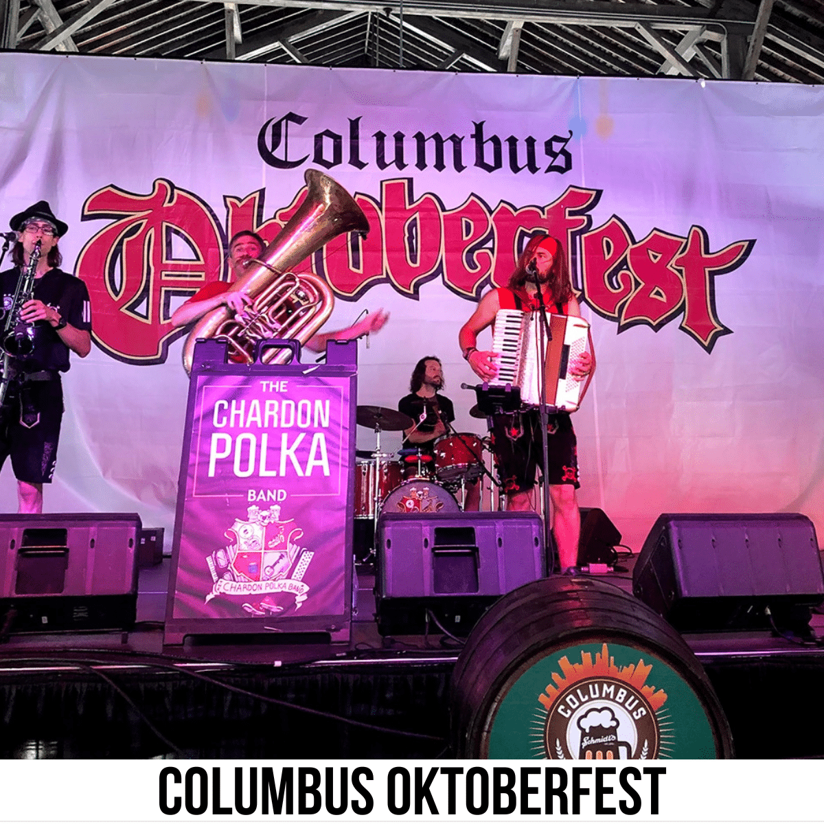 square image with a photo of a polka band on stage. A white strip across the bottom has the text Columbus Oktoberfest