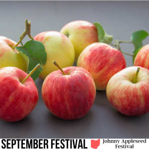 square image with a photo of a few apples on a dark surface, with a dark background. A white strip at the bottom has the text September Festival Johnny Appleseed Festival. Image via Canva pro license
