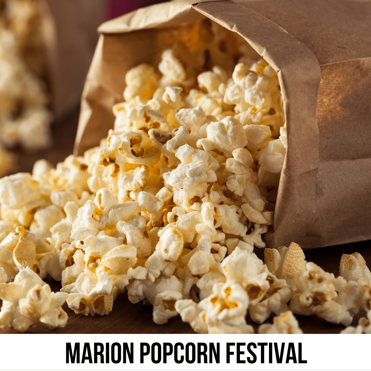 square image with a photo of a tipped over brown bag spilling out popcorn. A white strip across the bottom has the text Marion Popcorn Festival