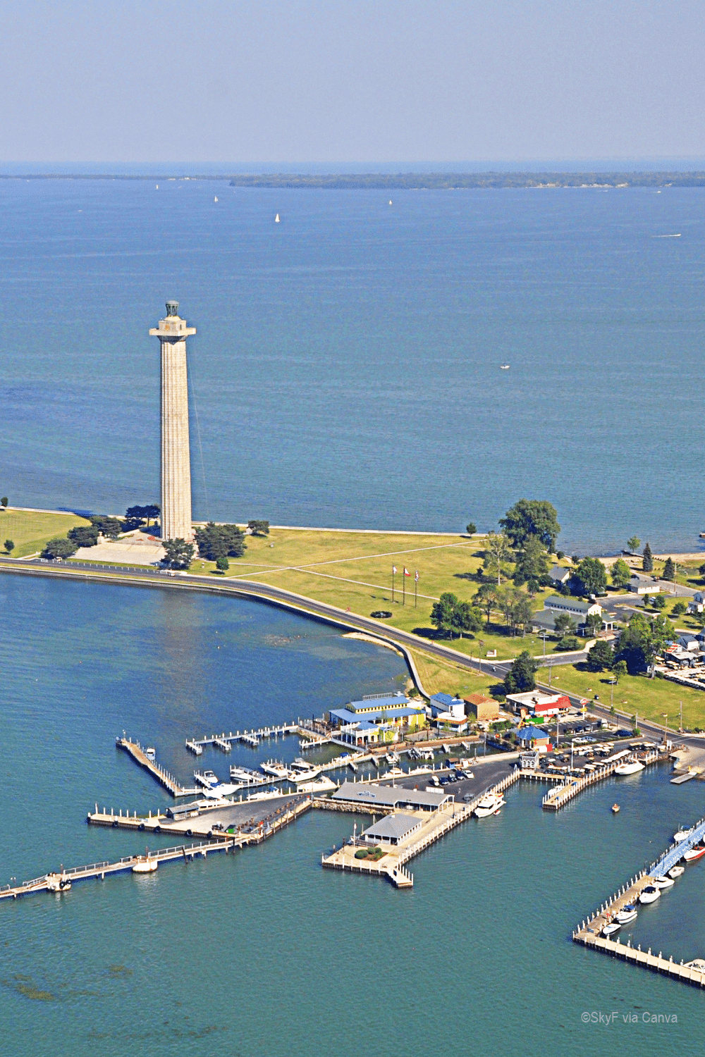 vertical photo of an aerial shot of the marina and Perry's Monument at Put in Bay