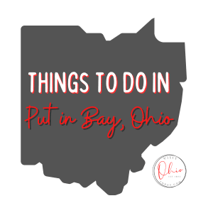 square image with a large gray map of Ohio with the text Things to do in Put in Bay, Ohio on it.