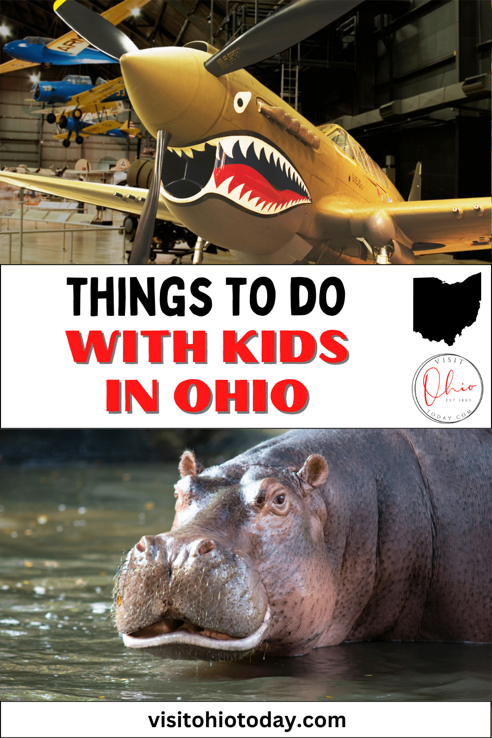 vertical image with a photo of an airplane display at the National Museum of the US Air Force at the top, and an image of a hippopotamus at the bottom. A white strip across the middle has the text Things to do with Kids in Ohio. Images via Canva pro license