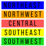 5 color boxes with northeast, northwest, central southeast, southwest words in it