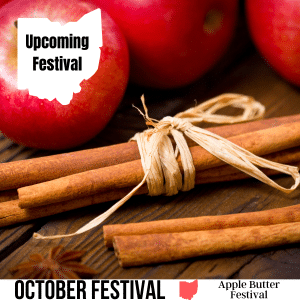 square image with a photo of cinnamon sticks and red apple on a wooden surface. A white strip at the bottom has the text October Festival Apple Butter Festival. Image via Canva pro license