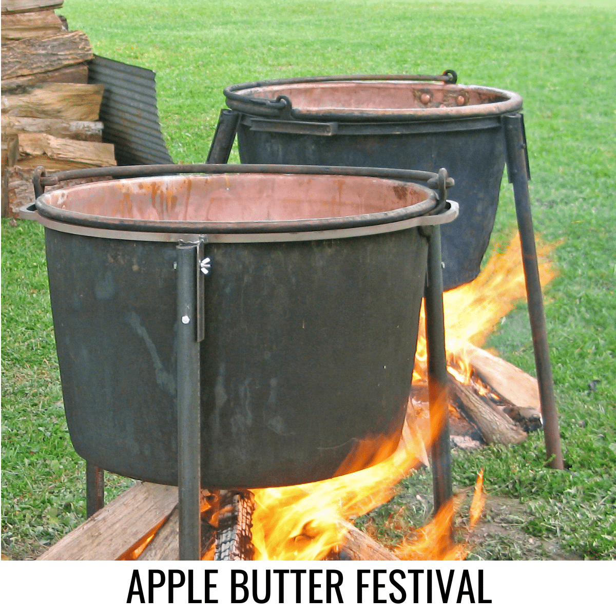 square image with a photo of two large metal drums cooking apple butter over burning logs. A white strip at the bottom has the text Apple Butter Festival. Image via Canva pro license