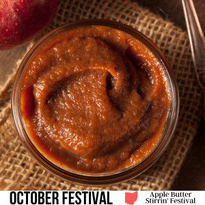 square image with a photo of a bowl of apple butter. A white strip at the bottom has the text October Festival Apple Butter Stirrin' Festival. Image via Canva pro license