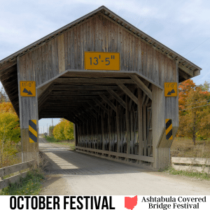 square image with a photo of the Caine Road Covered bridge. A white strip at the bottom has the text October Festival Ashtabula Covered Bridge Festival. Image via Canva pro license