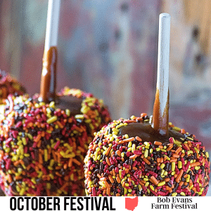 square image with a close up photo of two toffee apples covered with sprinkles. A white strip at the bottom has the text October Festival Bob Evans Farm Festival