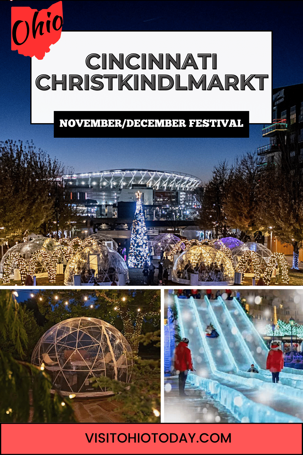 The Cincinnati Christkindlmarkt is open from November 22 to December 31, 2023. A New Year’s Eve party will, however, take you into January 1, 2024!