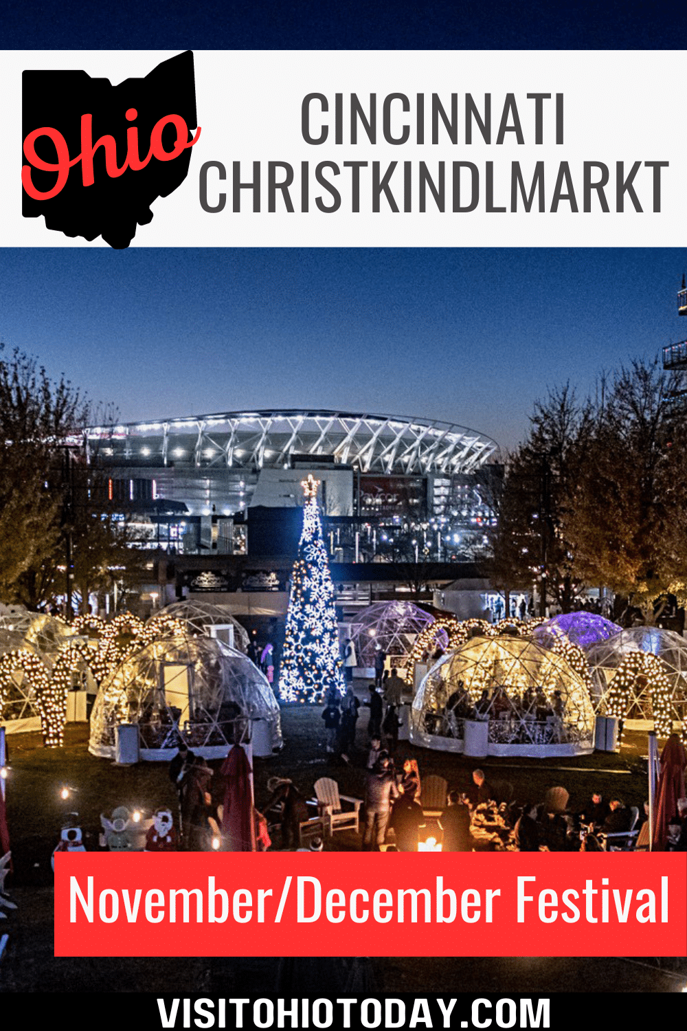 Christkindlmarkt in Cincinnati is a German-American holiday-themed festival that takes place next to the Moerlein Lager House on the Schmidlapp Event Lawn and Stage in Smale Riverfront Park in downtown Cincinnati from Wednesday, November 22 to Sunday, December 31, 2023.