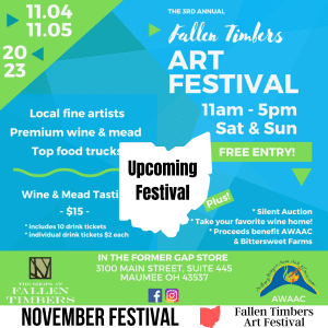 square image with a photo of the Fallen Timbers Art Festival flyer. A white strip across the bottom has the text November Festival Fallen Timbers Art Festival. Image courtesy of Fallen Timbers Art Festival.