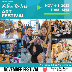 square image with a photo of the Fallen Timbers Art Festival leaflet with four images of various things and places at the festival. A white strip across the bottom has the text November Festival Fallen Timbers Art Festival. Image courtesy of Fallen Timbers Art Festival