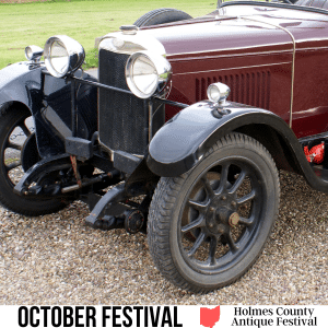 square image with a photo of a burgundy colored vintage car. A white strip at the bottom has the text October Festival, Holmes County Antique Festival. Image via Canva pro license