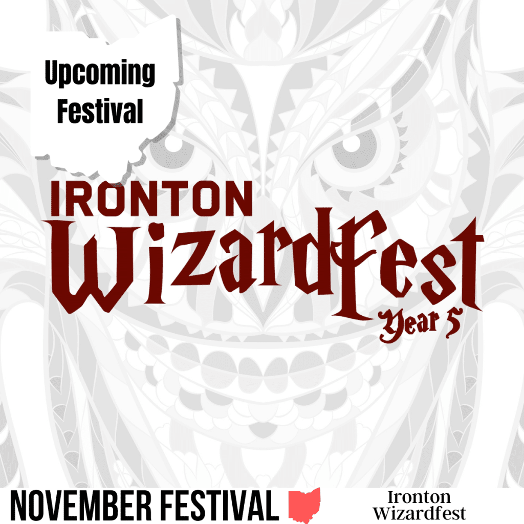 square image of the Ironton Wizardfest logo with an image of an owl in white and gray and the text Ironton Wizardfest Year 5 in brown. A white strip across the bottom has the text November Festival Ironton Wizardfest. Image courtesy of Ironton Wizardfest