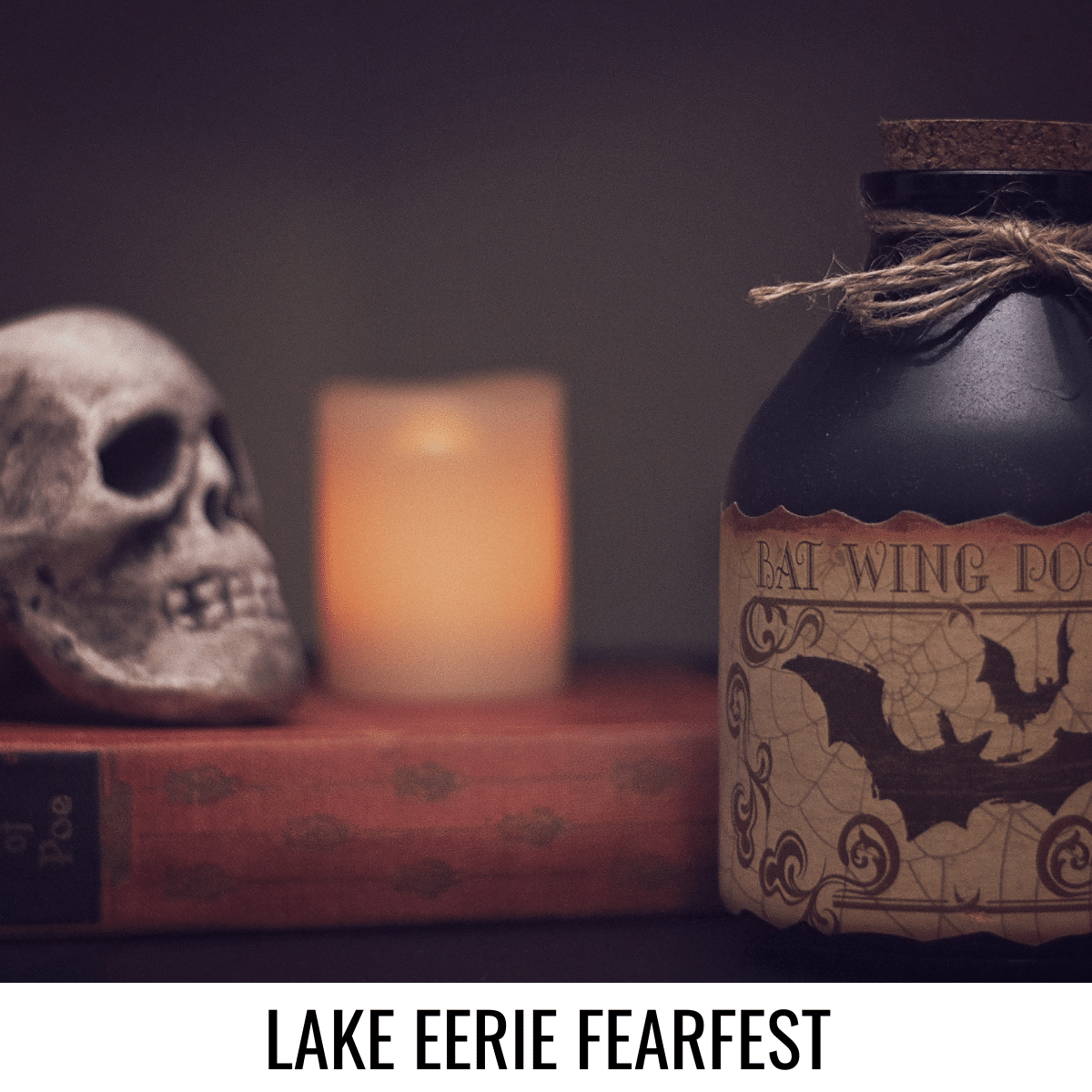 square image with a photo of a candle, a skull, and a bottle of potion on an Edgar Allen Poe book. A white strip at the bottom has the text Lake Eerie Fearfest. Image via Canva pro license