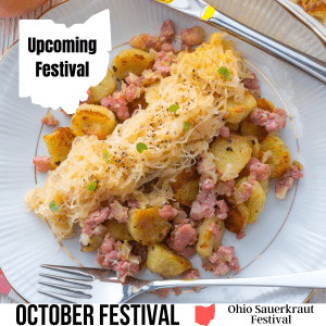 square image with a photo of sauerkraut dumplings with bacon and potatoes. A white strip at the bottom has the text October Festival Ohio Sauerkraut Festival. Image via Canva pro license