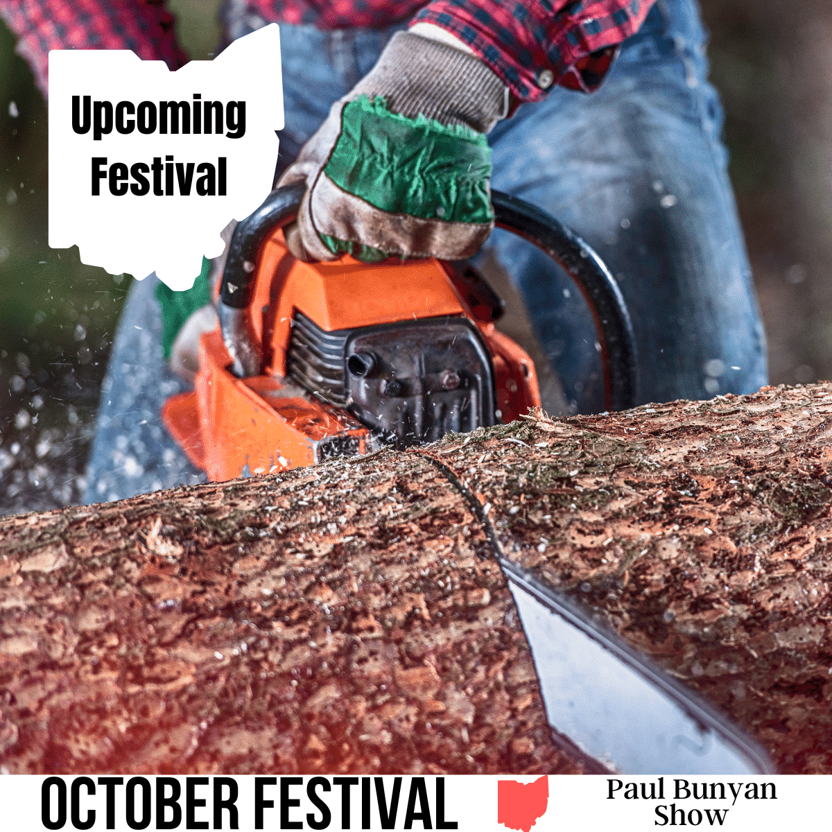 square image with a close up photo of a lumberjack chainsawing a large log. A white strip at the bottom has the text October Festival Paul Bunyan Show. Image via Canva pro license