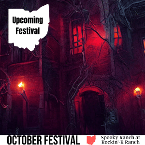 square image with a picture of an old house with spooky red light around it and coming from the windows. A white strip across the bottom has the text October Festival Spooky Ranch at Rockin'-R Ranch. Image via Canva pro license