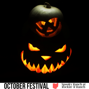 square image with a photo of two scary-looking jack o'lanterns, one on top of the other, with a black background. A white strip across the bottom has the text October Festival Spooky Ranch at Rockin'-R Ranch. Image via Canva pro license
