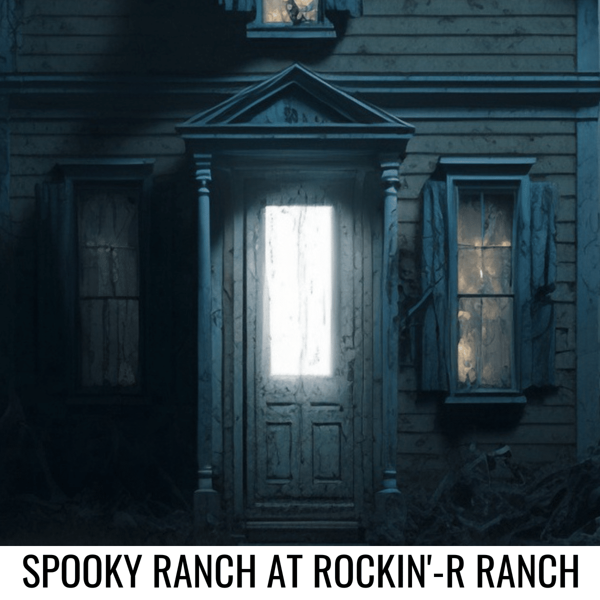 square image with a dark photo of a wooden house with a light coming from the door and a little light coming from one of the windows. A white strip at the bottom has the text Spooky Rance at Rockin'-R Ranch. Image via Canva pro license