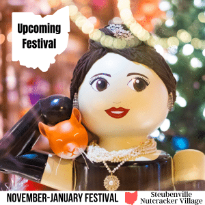 square image with a photo of Audrey Hepburn as Holly Golightly Nutcracker. A white strip across the bottom has the text November-January Festival Steubenville Nutcracker Village Image courtesy of Steubenville Nutcracker Village