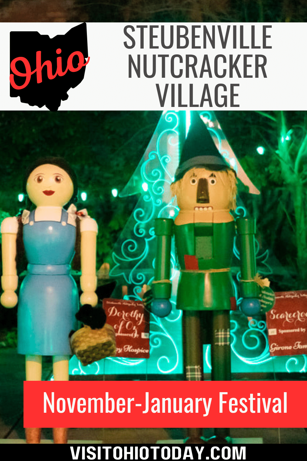 The Steubenville Nutcracker Village displays the largest collection of life-size nutcrackers in the world. Located in downtown Steubenville, the event is free and open 24 hours a day, from Tuesday, November 21, 2023, to Saturday, January 6, 2024.