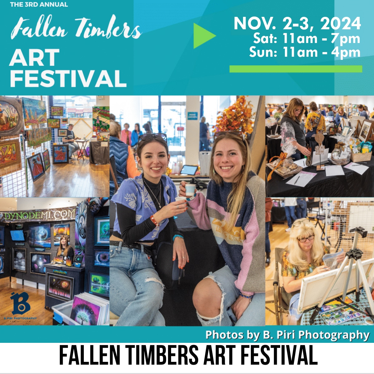 A square image of a photo of a flyer for Fallen Timber Art Festival with a photo collage of pictures from the festival. A white strip across the bottom has text Fallen Timbers Art Festival. The top of the flyer has text Nov 2-3, 2024 Sat 11 am -7 pm Sun 11 am - 4 pm. 