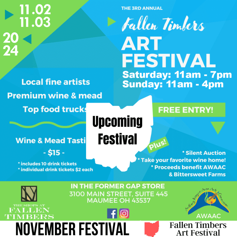 A square image with a photo of the Fallen Timbers Art Festival flyer. A white strip across the bottom has the text November Festival Fallen Timbers Art Festival. Image courtesy of Fallen Timbers Art Festival.