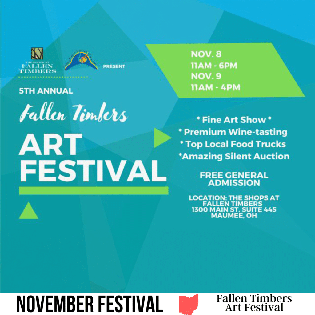 square image with the poster information for the art festival. A white strip across the bottom has the text November Festival, Fallen Timbers Art Festival