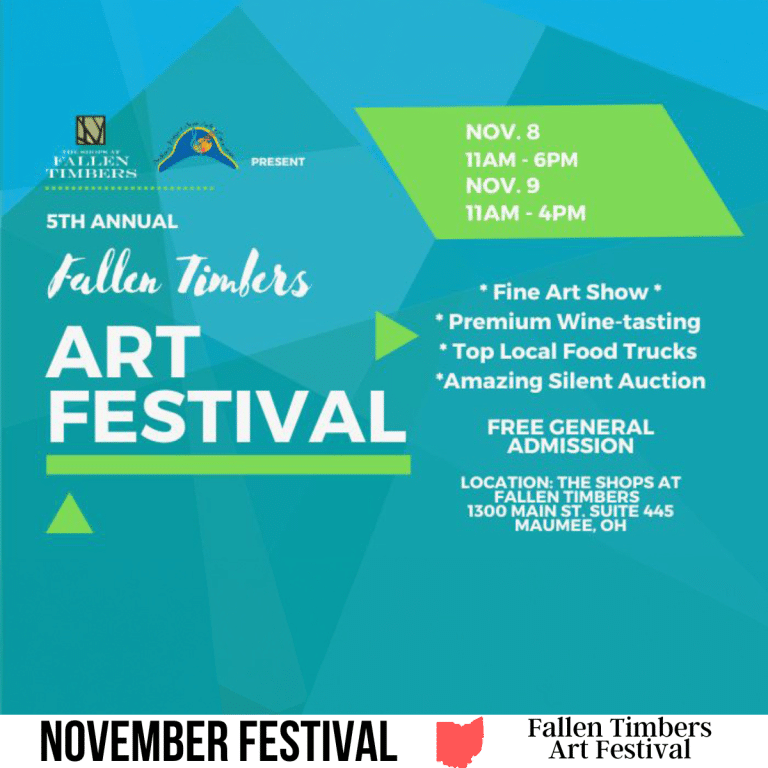 square image with the poster information for the art festival. A white strip across the bottom has the text November Festival, Fallen Timbers Art Festival