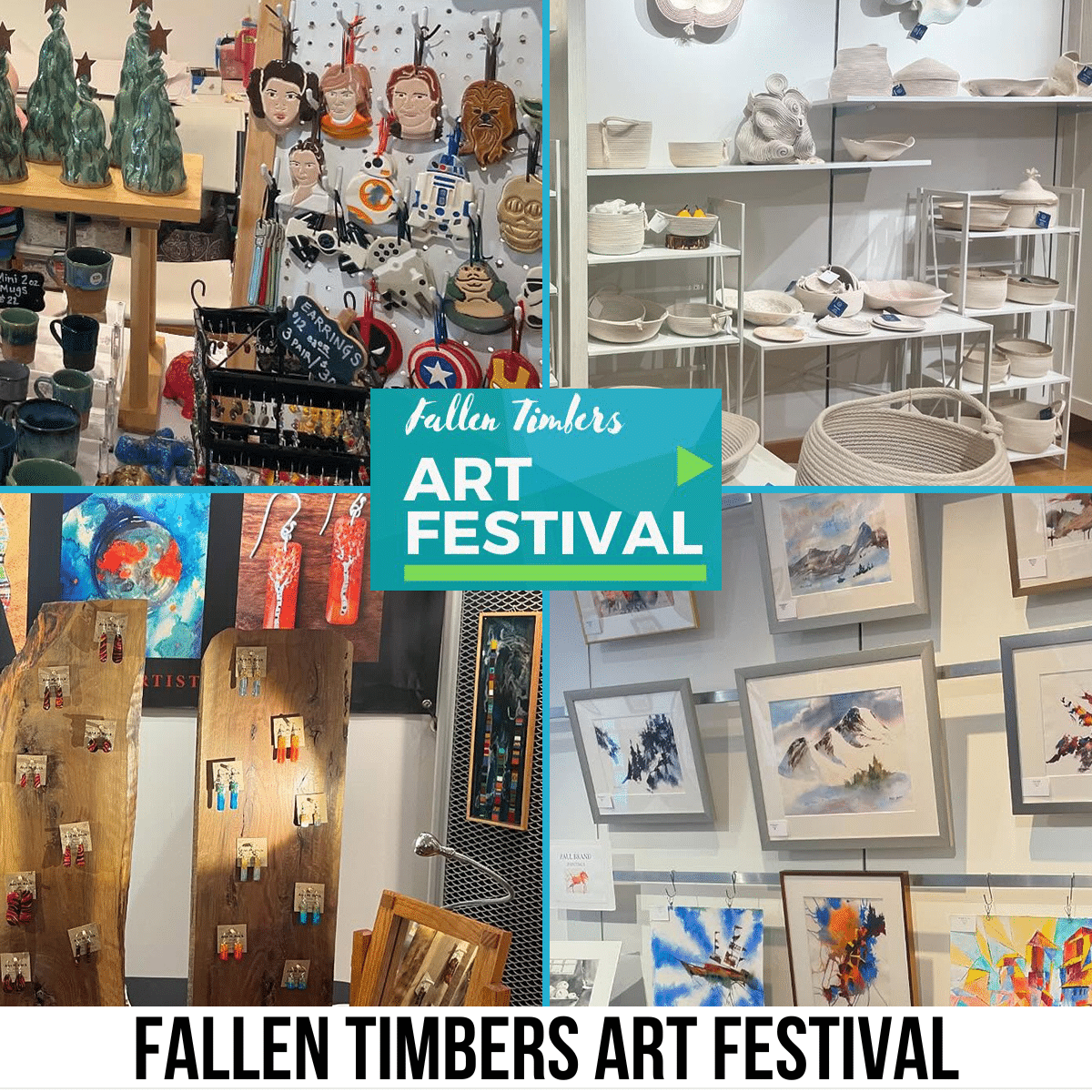 square image with photos of booths at the art festival. A white strip across the bottom has the text Fallen Timbers Art Festival
