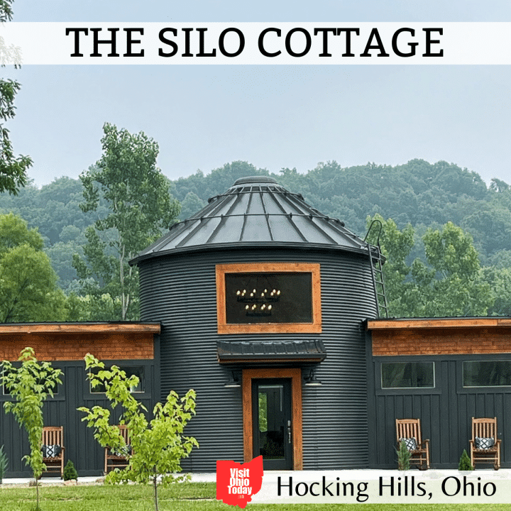 square image with a photo of the silo cottage in hocking hills. A white strip at the top has the the text The Silo Cottage, and a strip at the bottom has the text Hocking Hills, Ohio