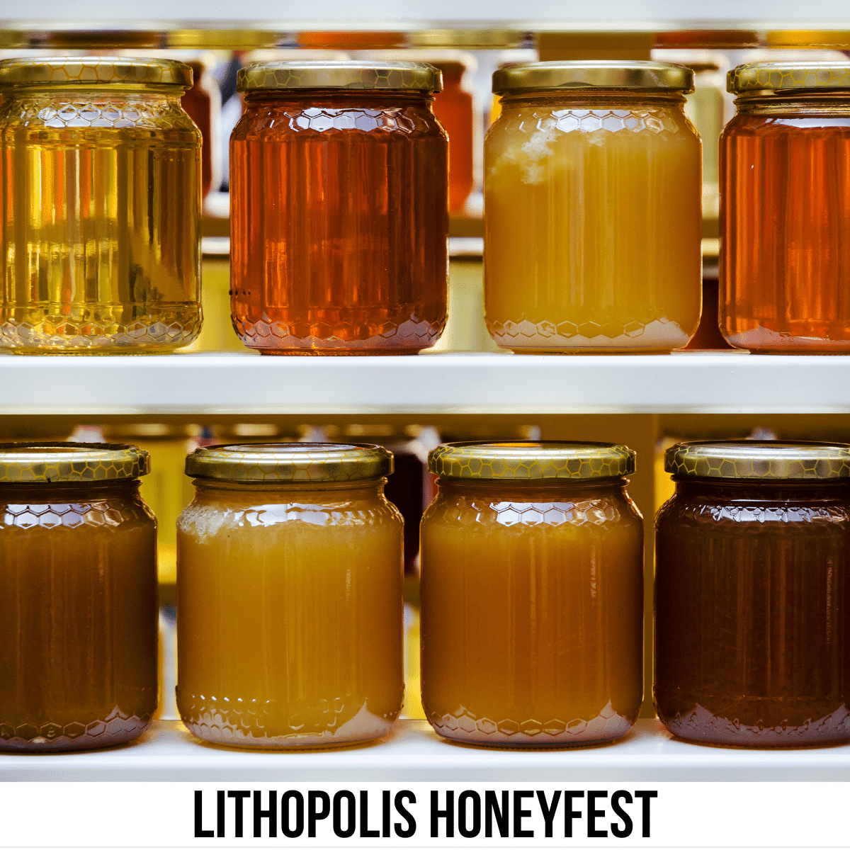 square image with a photo of two shelves with jars of honey. A white area across the bottom has the text Lithopolis Honeyfest