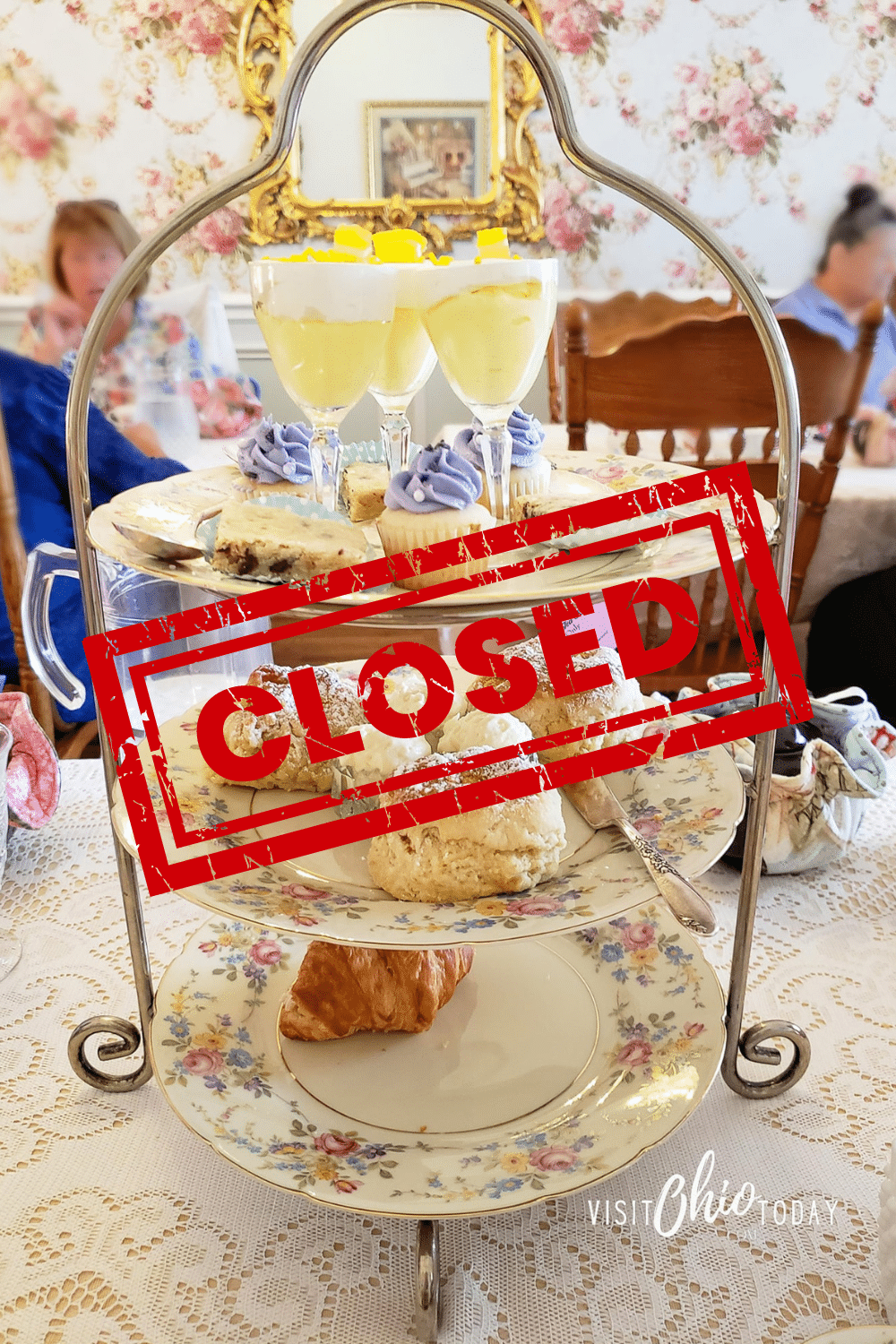 horizontal photo of an afternoon tea on a three-tiered plate stand with scones, cakes, pastries and desserts. With a Closed stamp across it. Photo credit: Cindy Gordon of VisitOhioToday.com