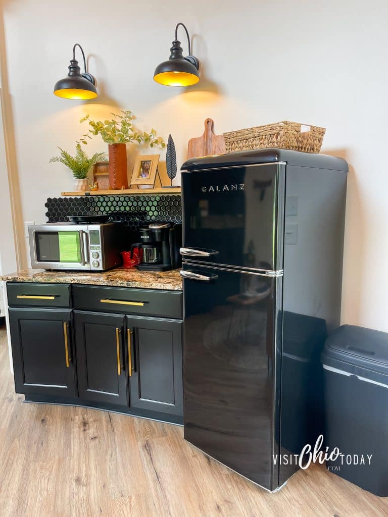 pictured is part of the kitchen in the silo cottage hocking hills, it is a black retro fridge and granite counter with black cabinets. There is decor of fake plants on the counter and a toaster oven.