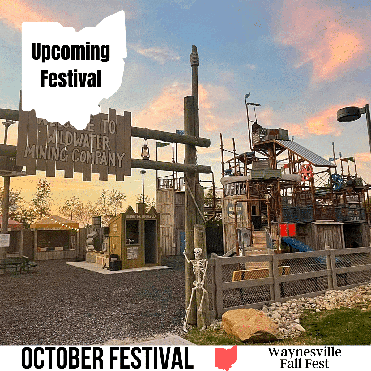 square image with a photo of the Wildwater Mining Co play set at Waynesville Fall Fest. A white strip at the bottom has the text October Festival Waynesville Fall Fest. Image courtesy of Waynesville Fall Fest