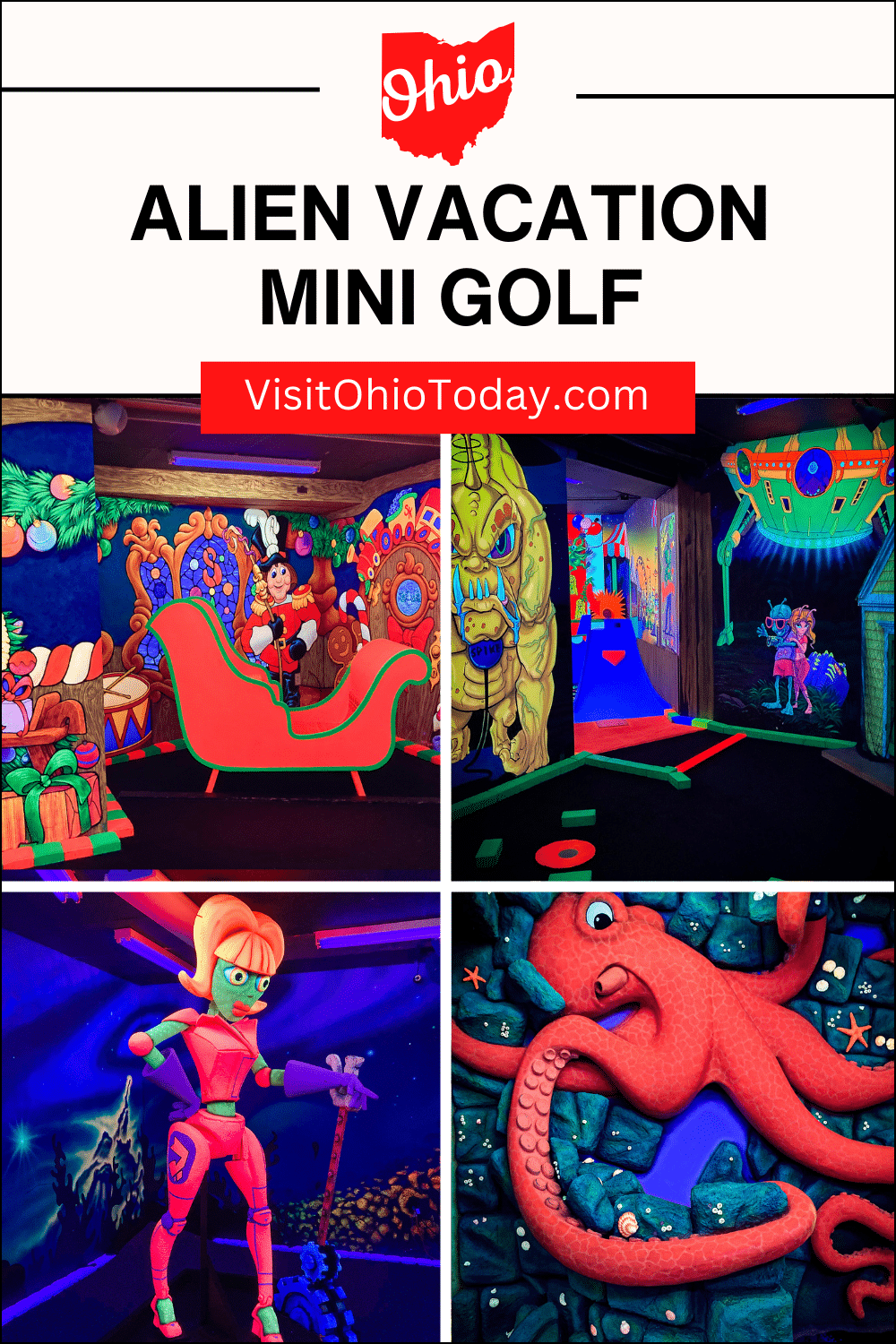 Alien Vacation Mini Golf is a blacklight 3D mini golf and sci-fi movie museum in one, owned by Mark and Dana Klaus and designed by Mark himself, in Medina. Grab a ball and club, and play 18 holes of freaky blacklight mini golf in 3D!