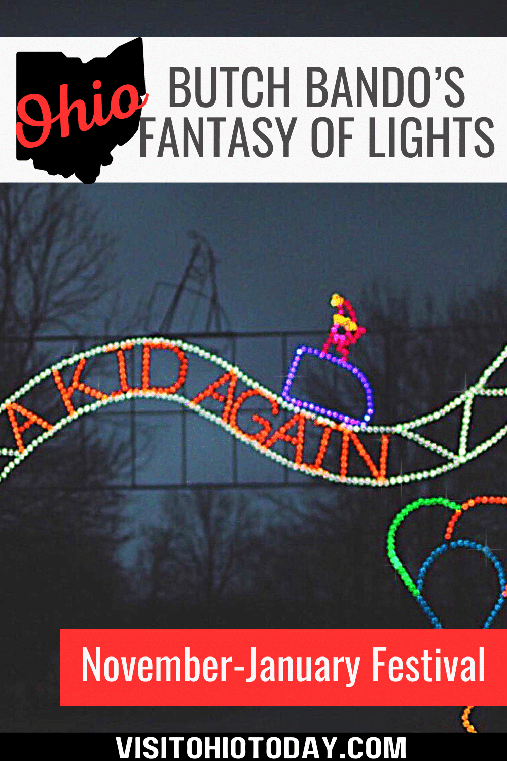 Butch Bando's Fantasy of Lights is a locally owned and family-operated holiday drive-thru light show that takes place at the Alum Creek State Park Campgrounds, November - January.