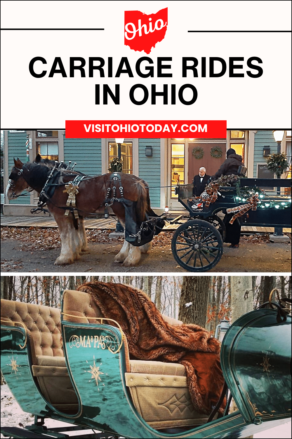 vertical image with a photo of a horse and carriage from All Occasions Carriage Rides and a photo from Ma and Pa's Gift Shack. A white area across the top has the text Carriage Rides in Ohio