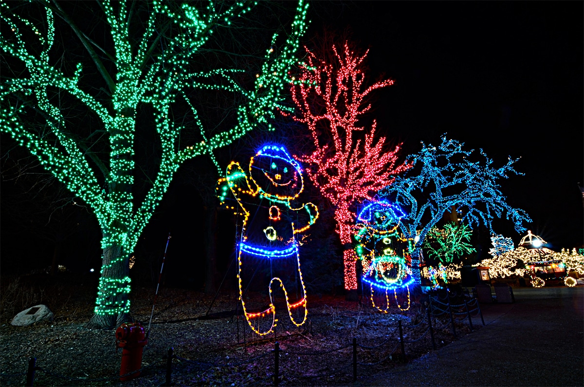 horizontal photo of a display of Christmas lights with lit up trees and a male and female character