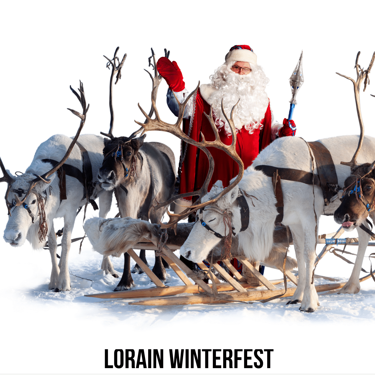 square image with a photo of Santa in his sleigh with his reindeers beside the sleigh. A white strip across the bottom has the text Lorain Winterfest