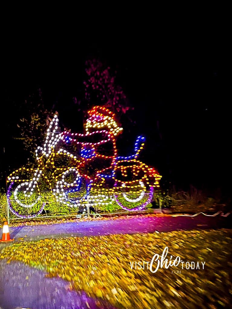 Lighted santa on a motor cycle at butch bandos fantasty of lights. Photo Credit: Cindy Gordon of VisitOhioToday.com