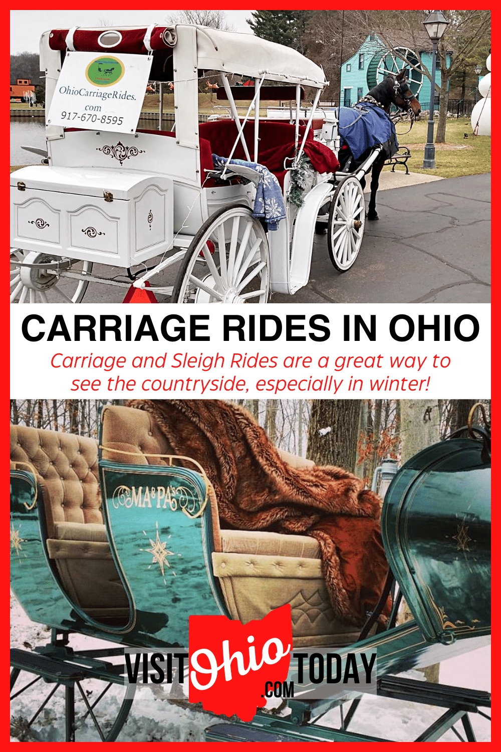 Carriage rides in Ohio, along with Sleigh rides are a memorable way of seeing the towns, cities and countryside of Ohio. These types of rides always create lasting memories.