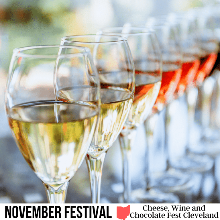 square image with a photo of a row of wine glasses. A white strip across the bottom has the text November Festival, Cheese, Wine and Chocolate Fest Cleveland