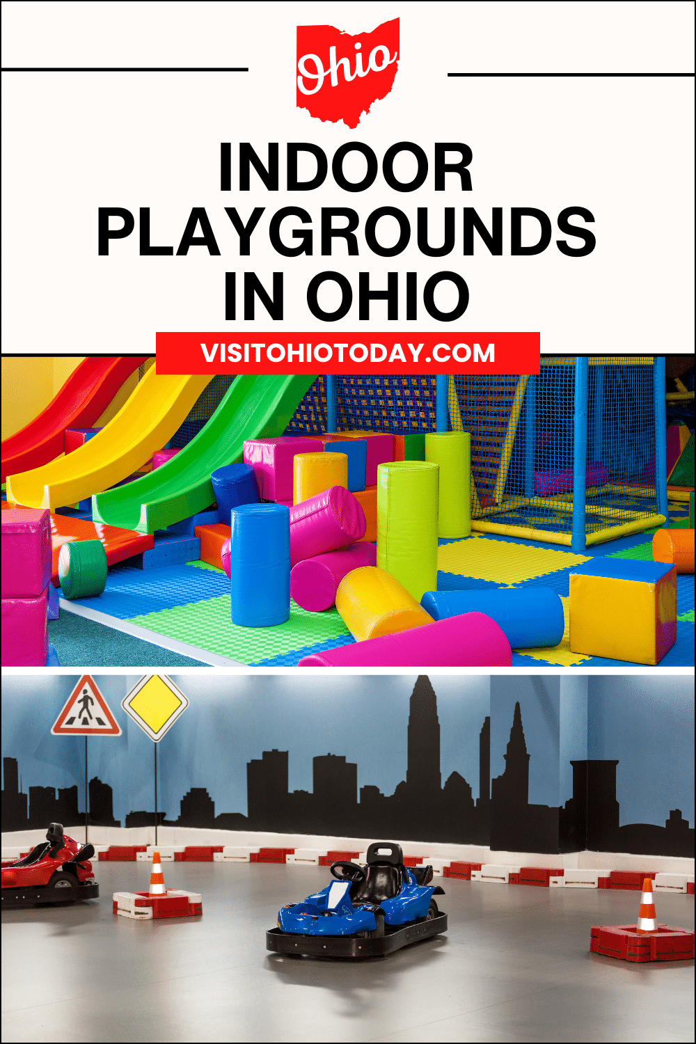 vertical image with a photo of an indoor play area and a photo of indoor go karts. A white area at the top has the text Indoor Playgrounds in Ohio