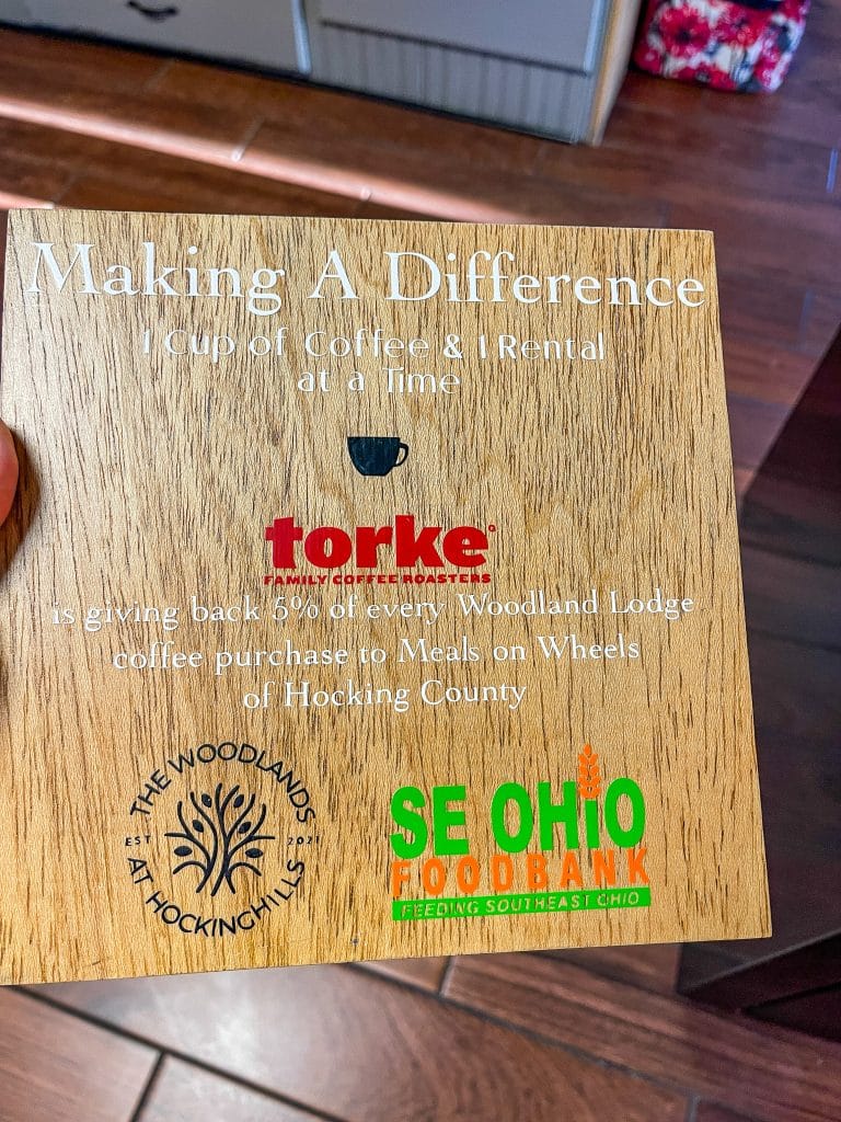 Torke coffee wooden sign sharing their donation Photo Credit Cindy Gordon of VisitOhioToday.com