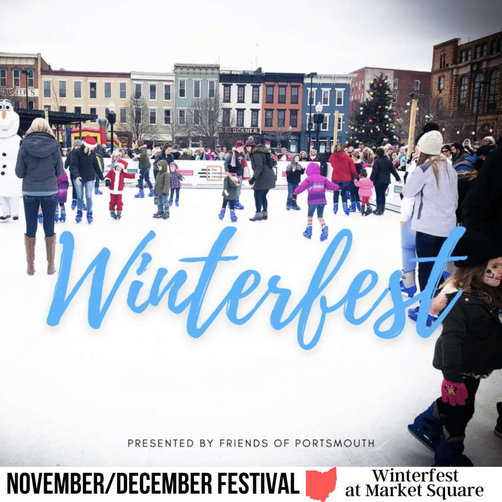 square image with a photo of people skating at Market Square, Portsmouth. Winterfest is across the center in large blue text. A white strip across the bottom has the text November/December Festival Winterfest at Market Square