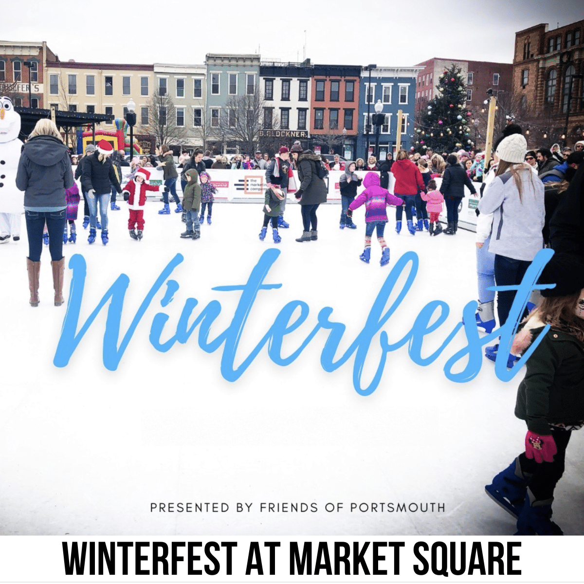 square image with a photo of people skating at Market Square, Portsmouth. Winterfest is across the center in large blue text