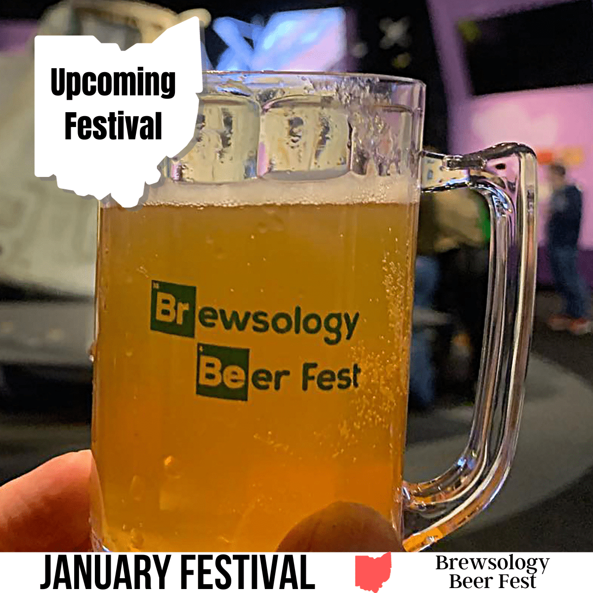 square image with a photo of a hand holding a mug of beer with the logo of Brewsology Beer Fest on it. A white strip across the bottom has the text January Festival, Brewsology Beer Fest