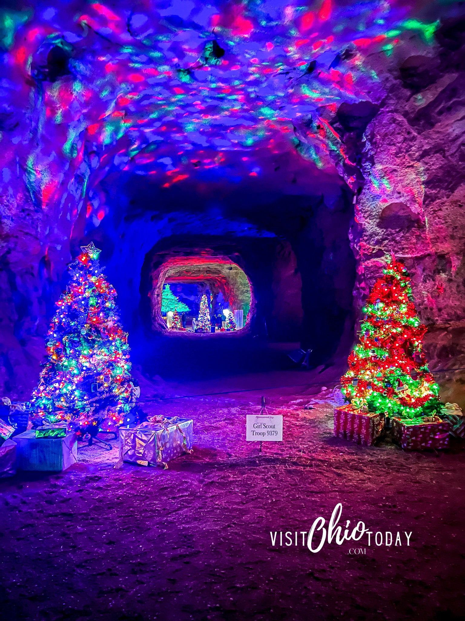 vertical photo of a tunnel in the White Gravel Mines Christmas display. Photo credit Cindy Gordon of VisitOhioToday.com